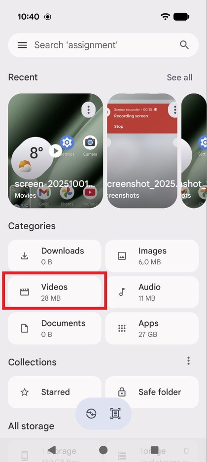 Screenshot van de interface van de Google Bestanden-app met de categorie Video's geselecteerd.