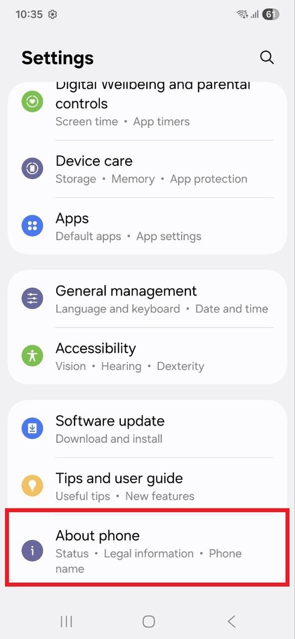 Hyrja n&euml; About Phone n&euml; Settings