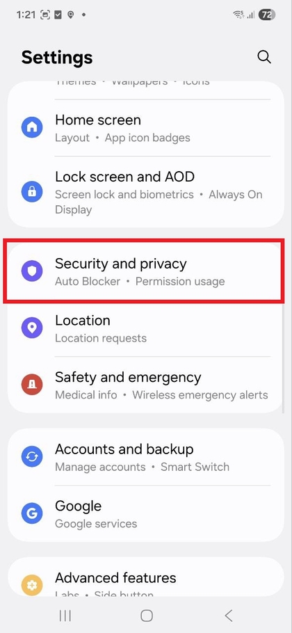 Možnost Varnost in zasebnost v Nastavitvah