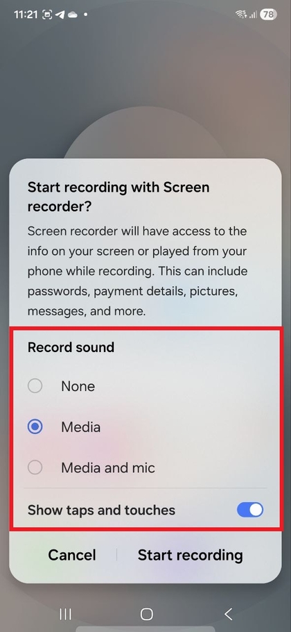 Ajustar la configuraci&oacute;n de grabaci&oacute;n de pantalla en el Samsung Galaxy S25 FE