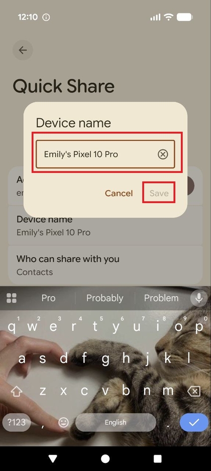 Modification du nom de l'appareil dans les param&egrave;tres Quick Share.