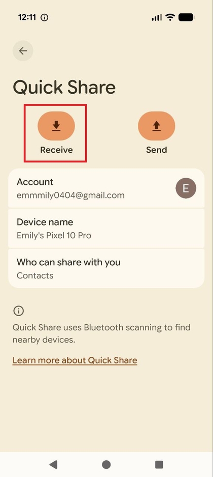 &Eacute;cran des param&egrave;tres Quick Share montrant l'option de passer en mode r&eacute;ception, si disponible.