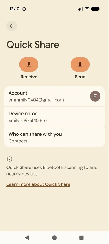 L'&eacute;cran principal des param&egrave;tres Quick Share.