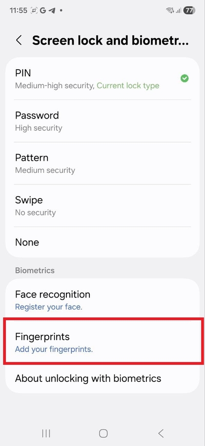 Izberite možnost Prstni odtisi