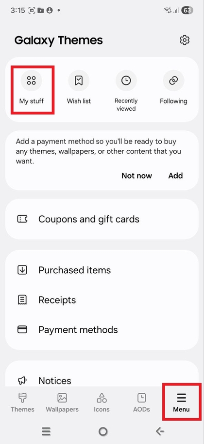 Abrir menu na Galaxy Theme Store