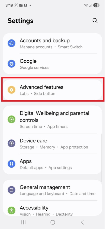 Advanced features option in the settings menu