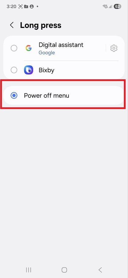 Setting the long press to bring up the power off menu