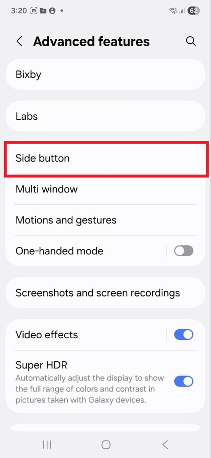 Side button settings on Samsung Galaxy S25 FE