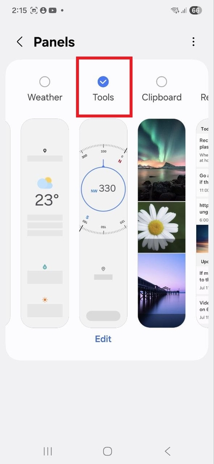 Velge Verkt&oslash;y-panelet i Edge-paneler