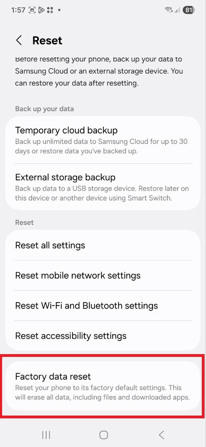 Reposi&ccedil;&atilde;o de Dados de F&aacute;brica selecionada no Samsung Galaxy S25 FE