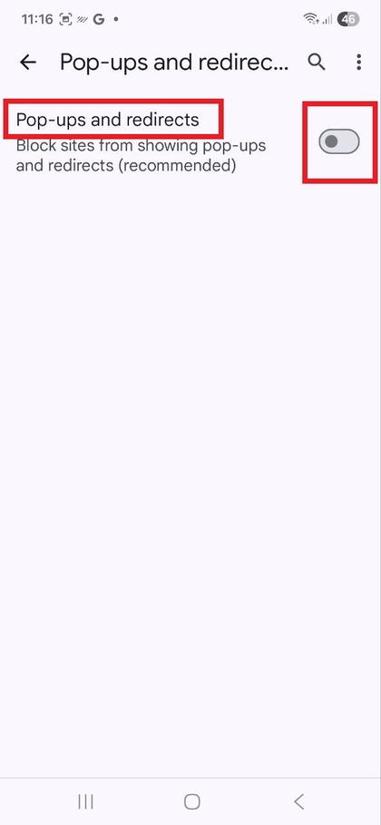 Disabilita Pop-up e Reindirizzamenti