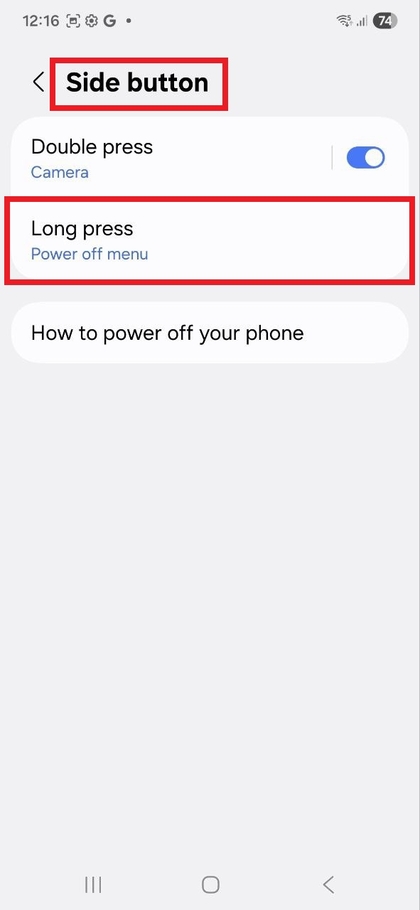 Settings to customize side button on Samsung Galaxy S25 FE