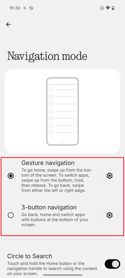 Obrazovka režimu navig&aacute;cie Nothing Phone (3) zobrazuj&uacute;ca možnosti &bdquo;Gesture navigation&ldquo; (Navig&aacute;cia gestami) a &bdquo;3-button navigation&ldquo; (3-tlačidlov&aacute; navig&aacute;cia). 