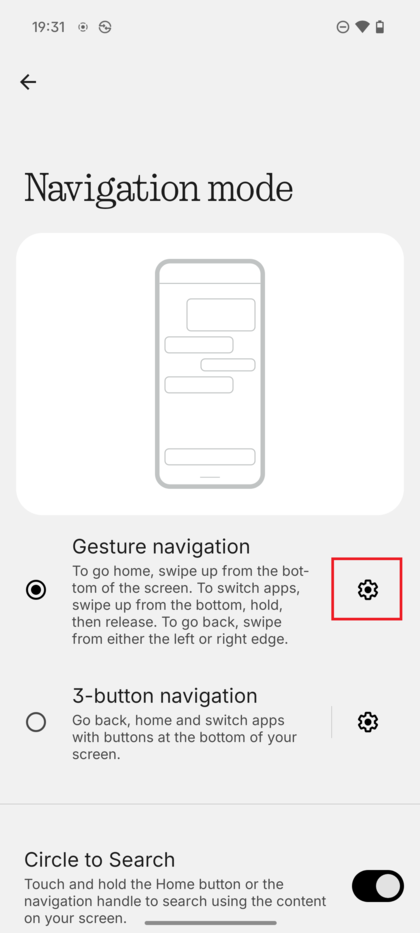Obrazovka režimu navig&aacute;cie Nothing Phone (3) so zv&yacute;raznenou ikonou ozuben&eacute;ho kolieska Settings (Nastavenia) vedľa položky &bdquo;Gesture navigation&ldquo; (Navig&aacute;cia gestami). 