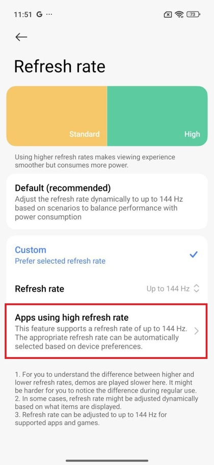 Impostazioni di alta frequenza di aggiornamento specifiche per app su Xiaomi 15T Pro