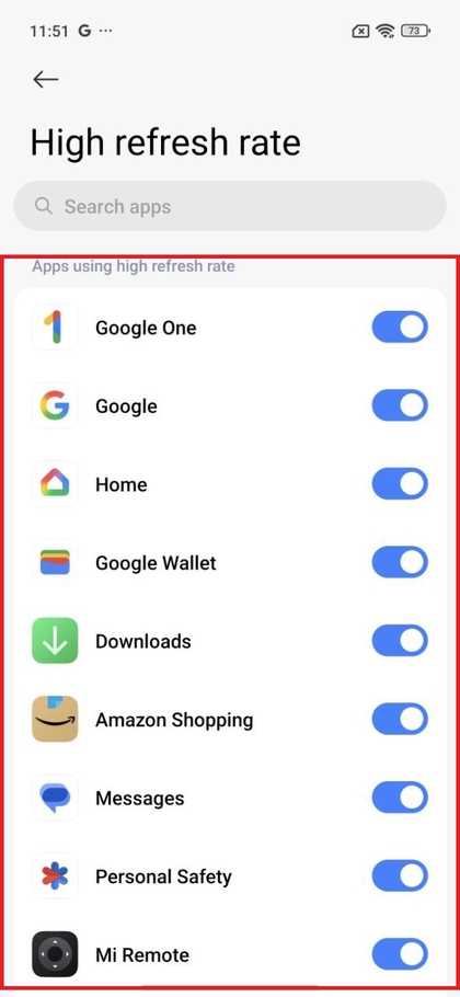 Elenco di app con impostazioni di alta frequenza di aggiornamento su Xiaomi 15T Pro