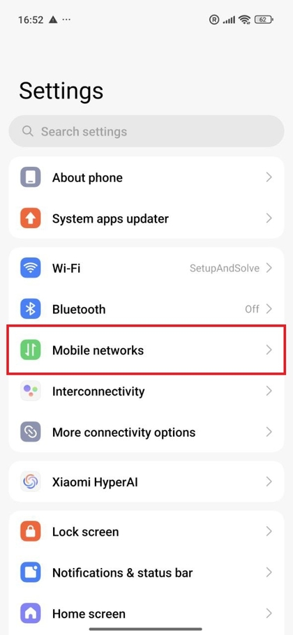 Menu Redes M&oacute;veis no Xiaomi 15T