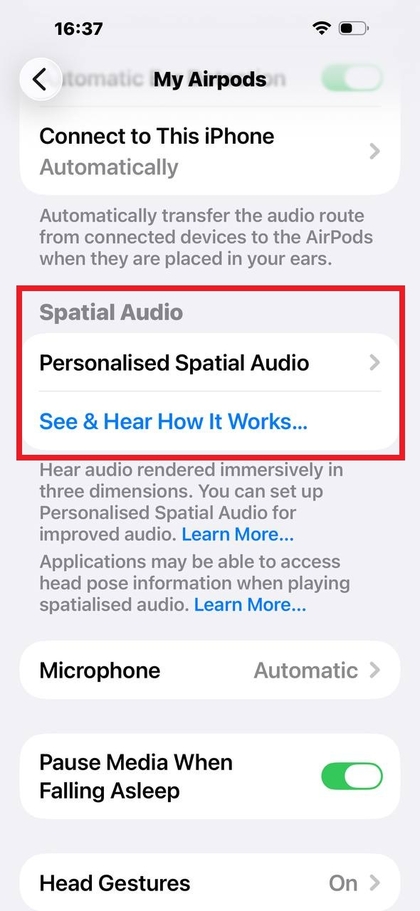 iPhone'da Spatial Audio ayarı