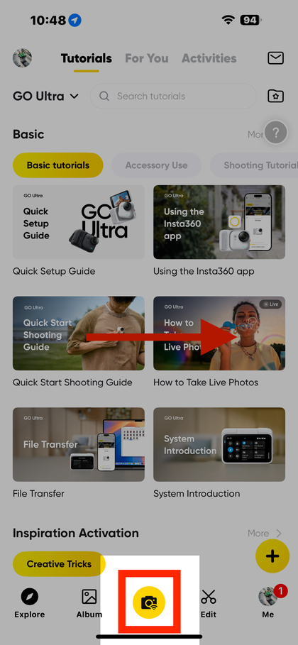 Connection icon in INSTA360 app