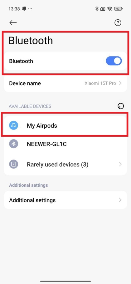 Valg af AirPods fra listen over tilg&aelig;ngelige enheder p&aring; Android