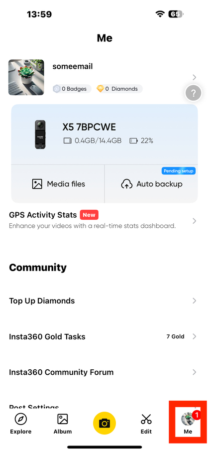 Adgang til indstillinger i INSTA360-appen