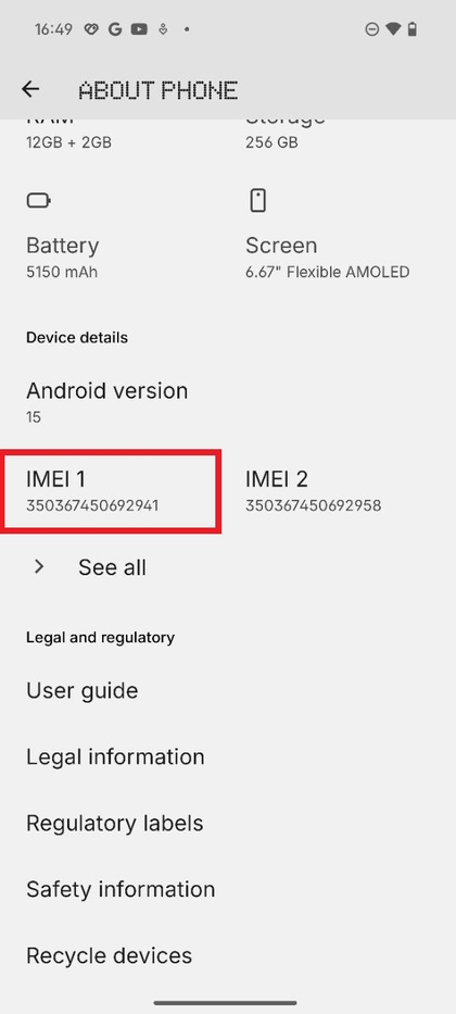 Verificando as defini&ccedil;&otilde;es do n&uacute;mero IMEI no Nothing Phone 3