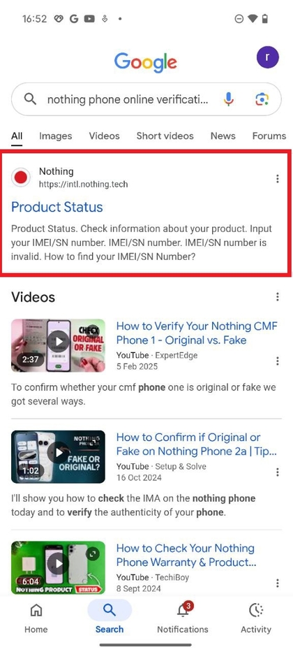 P&aacute;gina de verifica&ccedil;&atilde;o online para Nothing Phone