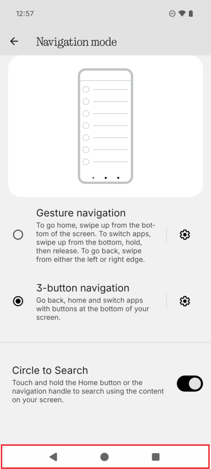 Zaslon telefona Nothing Phone (3), ki prikazuje na novo dodano navigacijsko vrstico s tremi gumbi na dnu.