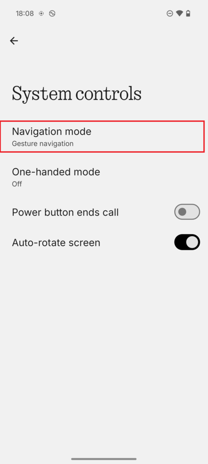 Meni sistemskih kontrolnikov z označenim načinom navigacije.