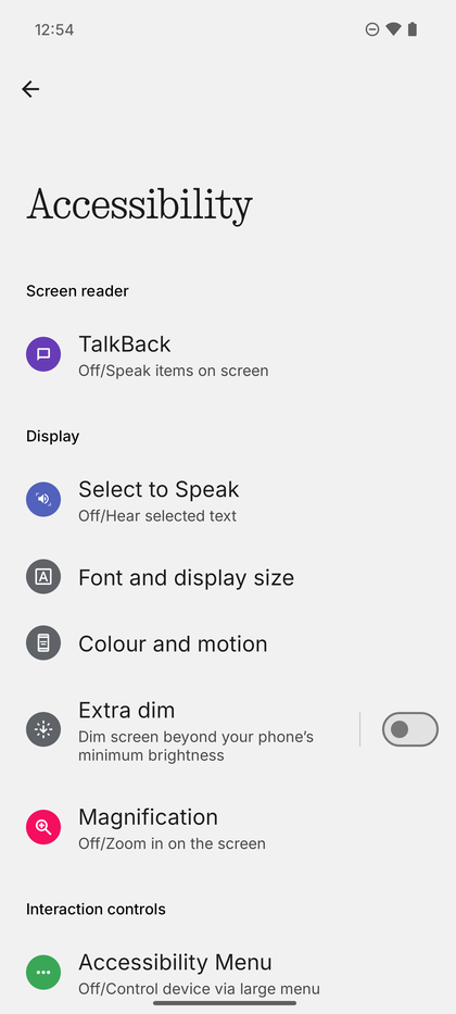 Meni nastavitev dostopnosti.
