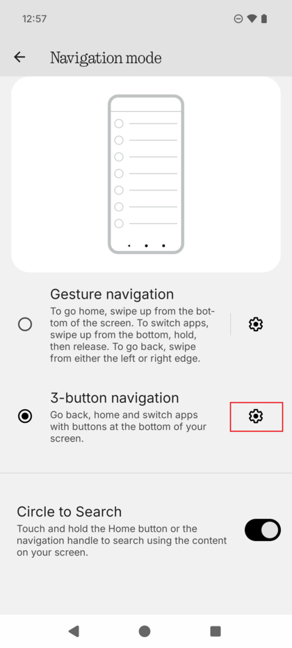 Zaslon načina navigacije z ikono zobnika poleg navigacije s 3 gumbi, ki je označena.