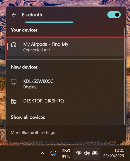 Tilslutning af AirPods Pro 3 i Windows Bluetooth-indstillinger