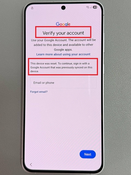 Verifying Google account on Samsung Galaxy S25 FE