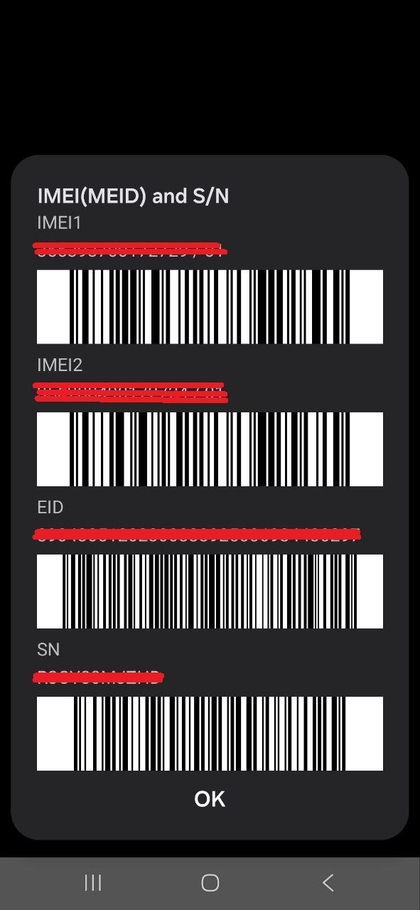 Setări care arată IMEI și numărul de serie