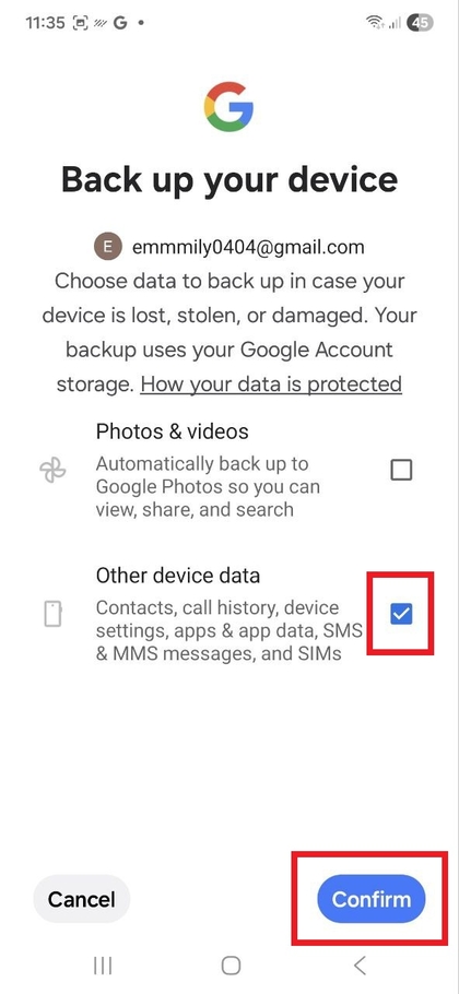 Velg data for sikkerhetskopiering i Google Drive