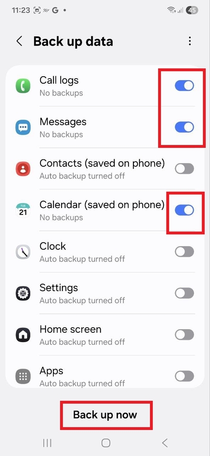 Velg data for sikkerhetskopiering i Samsung Cloud