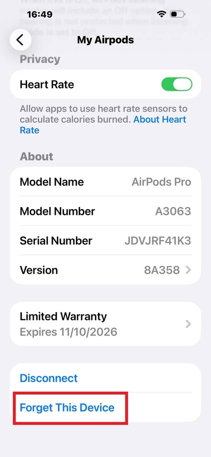 Indstillingen 'Glem denne enhed' p&aring; iPhone