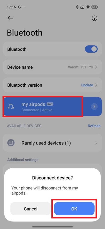 Chaguo la kukata muunganisho limeangaziwa kwenye mipangilio ya Bluetooth
