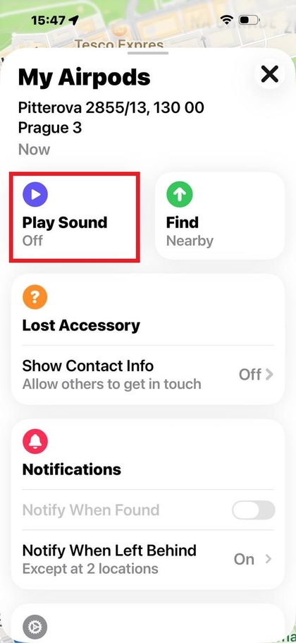 Indstillingen 'Playing sound' (afspil lyd) i Find My-appen