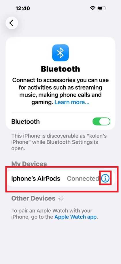 Informationsikon ved siden af AirPods i iPhone Bluetooth-menuen
