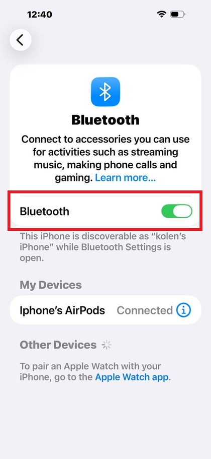 iPhone Bluetooth-indstillingssk&aelig;rm med AirPods tilsluttet
