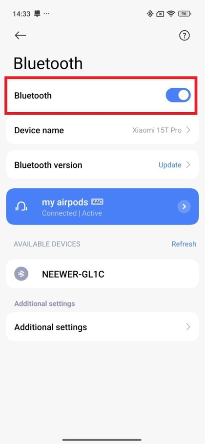 Menyu ya mipangilio ya Bluetooth kwenye Android