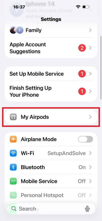 Selecting AirPods in Settings