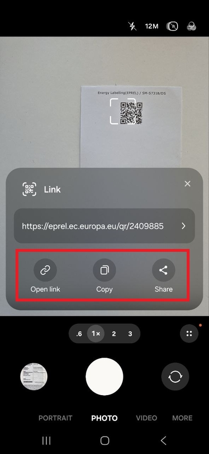 QR code detected by the camera