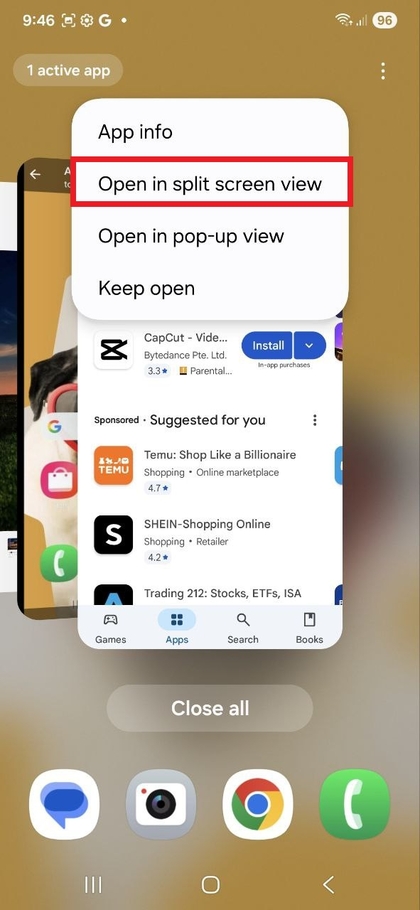 Escolhendo a op&ccedil;&atilde;o de tela dividida no Samsung Galaxy S25 FE
