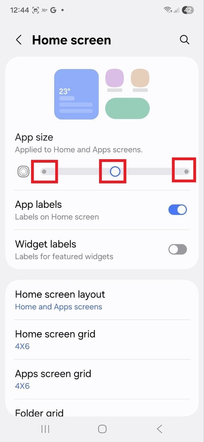 Op&ccedil;&otilde;es de tamanho de &iacute;cone do Samsung Galaxy S25 FE