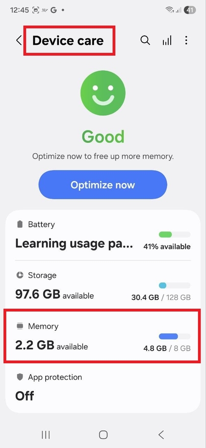 Men&uacute; de Cuidado del Dispositivo en Galaxy S25 FE