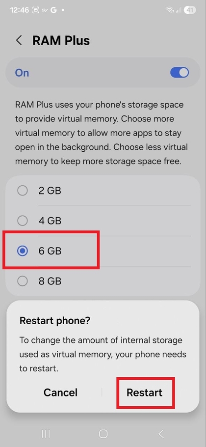 Aviso para reiniciar el tel&eacute;fono para aplicar los cambios de RAM