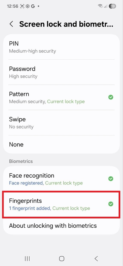 Opci&oacute;k az ujjlenyomat be&aacute;ll&iacute;t&aacute;sok alatt