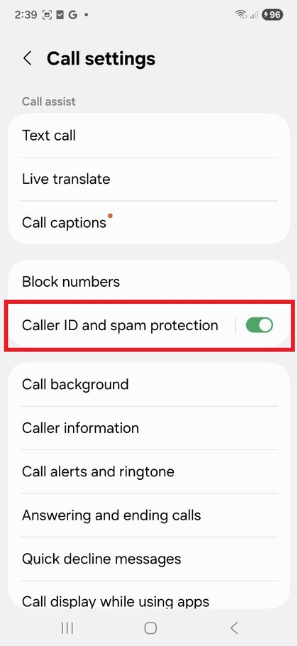 Caller ID and spam protection settings on Samsung Galaxy S25 FE